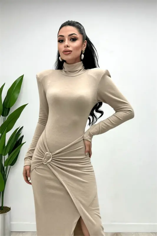 Triko Mato Etek Tokasi Tafsilotli Ko'ylak - KREM - BÜYÜKBEDENIZ