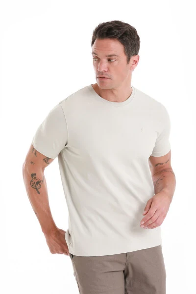 Ekru Regular Fit Düz Bisiklet Yaka Pamuklu Triko Tişört - 4