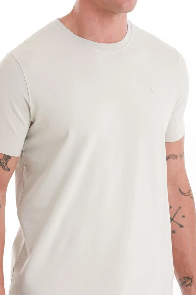 Ekru Regular Fit Düz Bisiklet Yaka Pamuklu Triko Tişört - 5