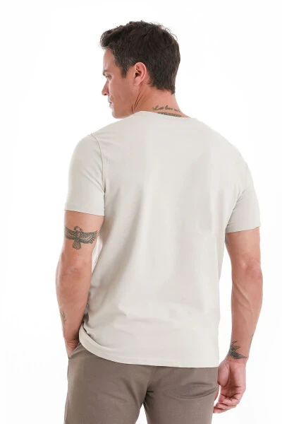 Ekru Regular Fit Düz Bisiklet Yaka Pamuklu Triko Tişört - 6