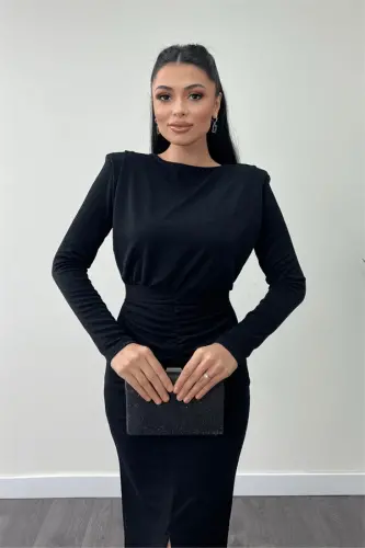 Трикотажное платье-карандаш с пайетками и сборками - ЧЕРНЫЙ - 3