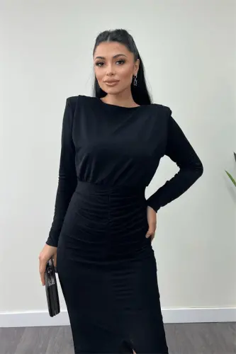 Трикотажное платье-карандаш с пайетками и сборками - ЧЕРНЫЙ - 4