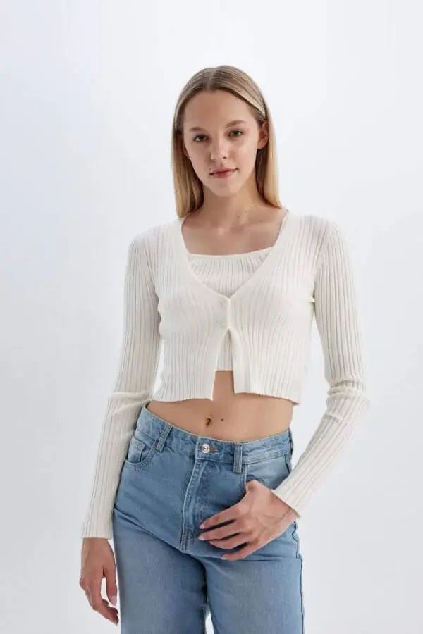 Трикотажный кардиган Coool Regular Fit с V-образным вырезом Экру - 2