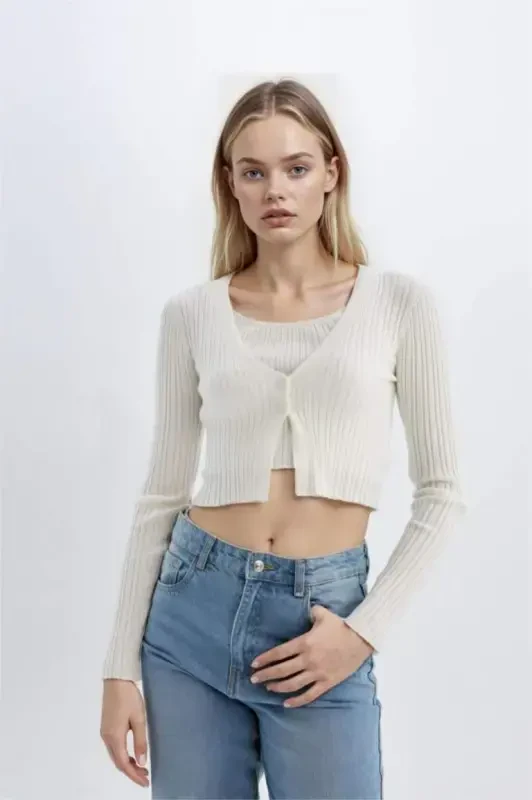 Трикотажный кардиган Coool Regular Fit с V-образным вырезом Экру - 2