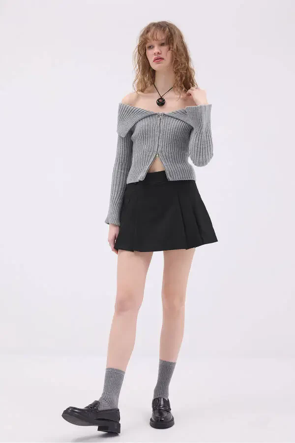 Трикотажный кардиган с воротником лодочкой и молнией H1427 - 1