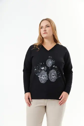 Трикотажный свитер большого размера с V-образным вырезом и принтом, смесь кашемира, черный - 1