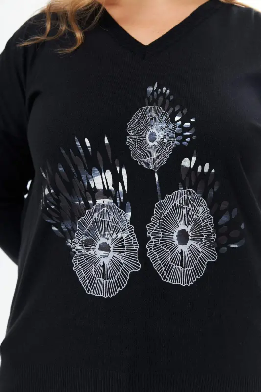 Трикотажный свитер большого размера с V-образным вырезом и принтом, смесь кашемира, черный - 4