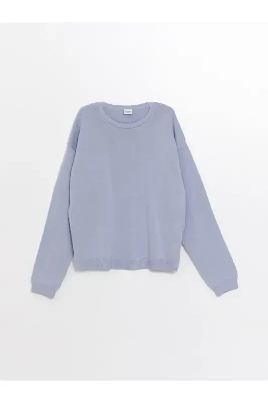 Трикотажный свитер для девочки с длинными рукавами и круглым вырезом, базовый - СИНИЙ - LC WAIKIKI