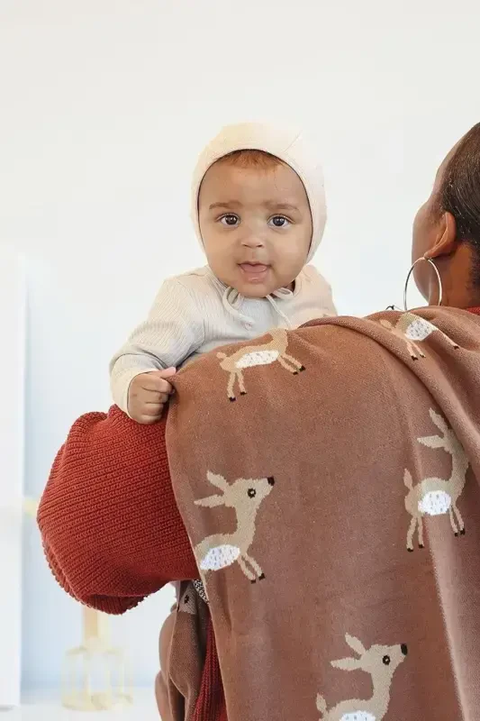 Трикотажный вязаный детский плед для девочки и мальчика 85см X85см Милый олененок Коричневый-Кофе - 4