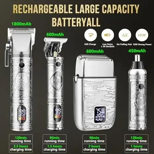 Триммер для бороды для мужчин, беспроводные электрические машинки для стрижки волос Professional, перезаряжаемые наборы парикмахерских машинок, электробритвы с фольгой, набор для стрижки волос для ушей, лица, носа, волос, бороды, всего тела. - 2