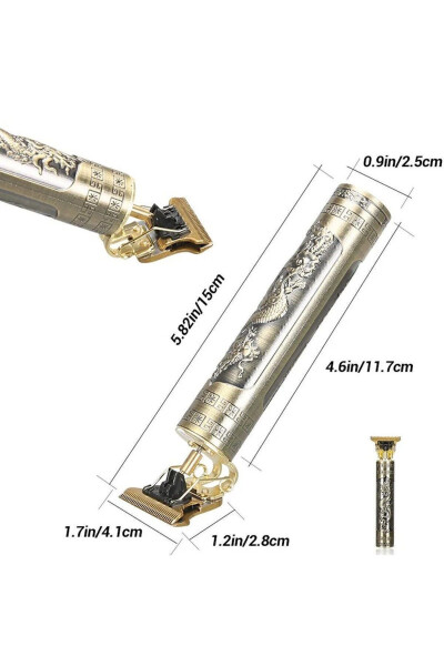 Триммер для волос и бороды T с бритвенным лезвием, зарядкой, золотым дизайном дракона и возможностью нулевой стрижки - 6