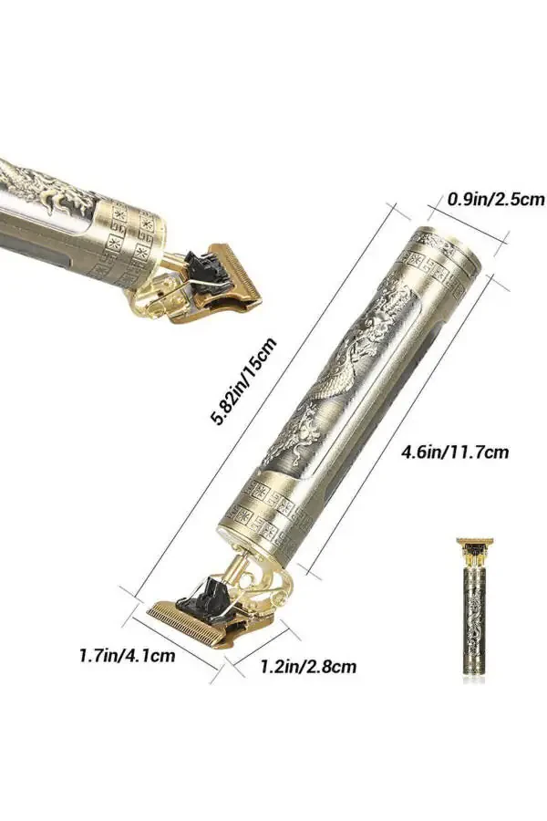 Триммер для волос и бороды T с бритвенным лезвием, зарядкой, золотым дизайном дракона и возможностью нулевой стрижки - 1