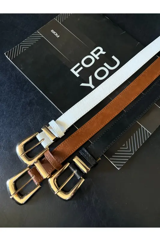 Triple Bridge Buckle End Set Women's Pants Belt, Jacket Belt, Dress Belt, Shirt Belt - Black-Tan-White - 2