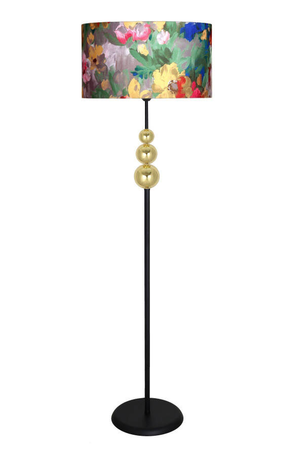 Triple Gold Sphere Single Leg Black Metal Floor Lamp - Violet Pattern - 1