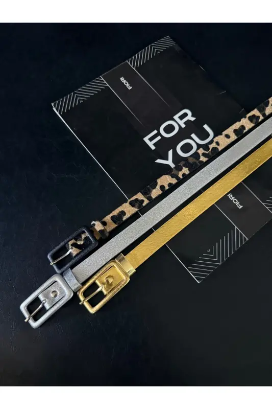 Triple Rectangular Plated Buckle Women's Pants Belt, Jacket Belt, Dress Belt, Shirt Belt - Gold-Silver-Leopard - 3