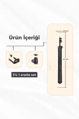 Tripod 2.1 Mt 360 Döner Başlıklı Telefon Tutucu Ring Light Metal Işık Stüdyo Lamba Ayağı-TRİPOD SİYAH - 4