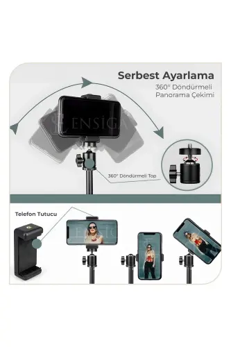 Tripod 2.1 Mt 360 Döner Başlıklı Telefon Tutucu Ring Light Metal Işık Stüdyo Lamba Ayağı-TRİPOD SİYAH - 8