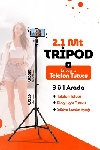 Tripod 2.1 Mt 360 Döner Başlıklı Telefon Tutucu Ring Light Metal Işık Stüdyo Lamba Ayağı-TRİPOD SİYAH 