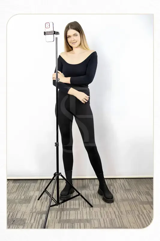 Tripod 2.1 Mt 360 Döner Başlıklı Telefon Tutucu Ring Light Metal Işık Stüdyo Lamba Ayağı-TRİPOD SİYAH - 3