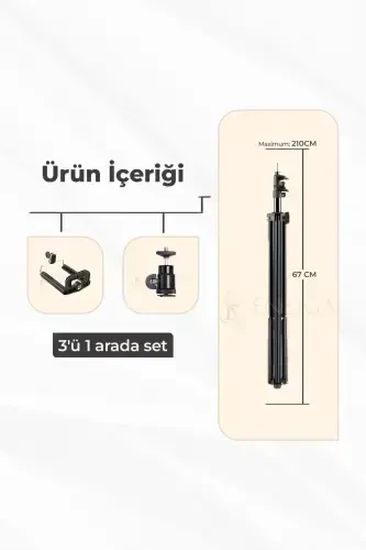 Tripod 2.1 Mt 360 Döner Başlıklı Telefon Tutucu Ring Light Metal Işık Stüdyo Lamba Ayağı-TRİPOD SİYAH - 4