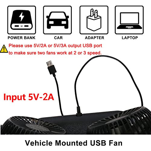 TriPole Car Fan Portable Dual Head Electric Vehicle Mounted USB 300 Degree Rotation Auto Cooling Fan 3 Speed Strong Wind Desk Fan for Dashboard SUV RV Truck Sedan Home Office - 2