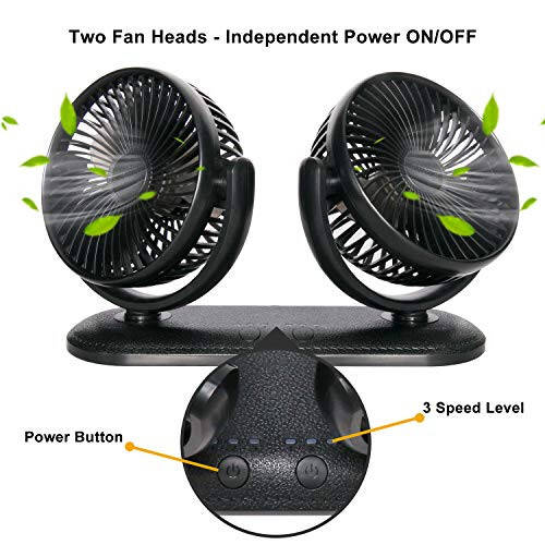 TriPole Car Fan Portable Dual Head Electric Vehicle Mounted USB 300 Degree Rotation Auto Cooling Fan 3 Speed Strong Wind Desk Fan for Dashboard SUV RV Truck Sedan Home Office - 3