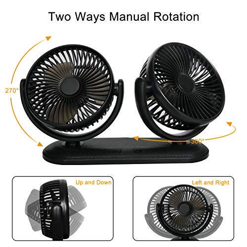 TriPole Car Fan Portable Dual Head Electric Vehicle Mounted USB 300 Degree Rotation Auto Cooling Fan 3 Speed Strong Wind Desk Fan for Dashboard SUV RV Truck Sedan Home Office - 4