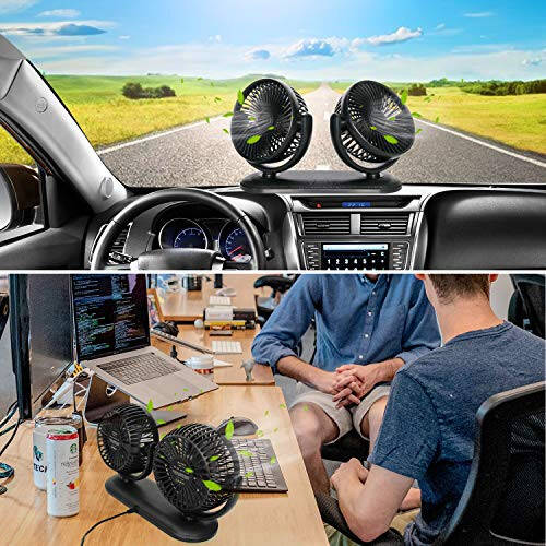 TriPole Car Fan Portable Dual Head Electric Vehicle Mounted USB 300 Degree Rotation Auto Cooling Fan 3 Speed Strong Wind Desk Fan for Dashboard SUV RV Truck Sedan Home Office - 5