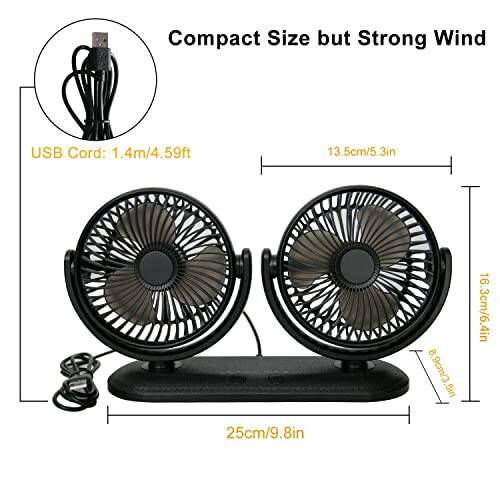 TriPole Car Fan Portable Dual Head Electric Vehicle Mounted USB 300 Degree Rotation Auto Cooling Fan 3 Speed Strong Wind Desk Fan for Dashboard SUV RV Truck Sedan Home Office - 6