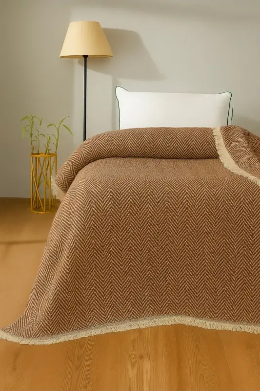Tripolis Tek kişilik Saçaklı Pike ve Yatak Örtüsü 170x210cm-kahverengi - 1