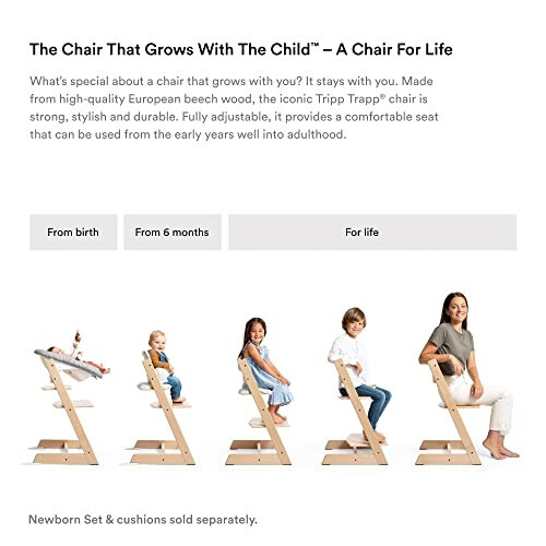 Tripp Trapp High Chair from Stokke, Natural - Adjustable, Convertible Chair for Children & Adults - Includes Baby Set with Removable Harness for Ages 6-36 Months - Ergonomic & Classic Design - 34