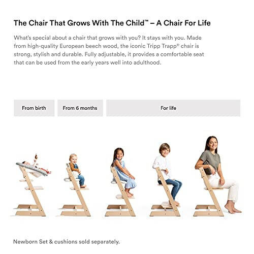 Tripp Trapp High Chair from Stokke, Natural - Adjustable, Convertible Chair for Children & Adults - Includes Baby Set with Removable Harness for Ages 6-36 Months - Ergonomic & Classic Design - 34