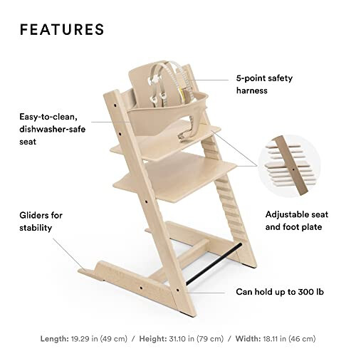 Tripp Trapp High Chair from Stokke, Natural - Adjustable, Convertible Chair for Children & Adults - Includes Baby Set with Removable Harness for Ages 6-36 Months - Ergonomic & Classic Design - 20