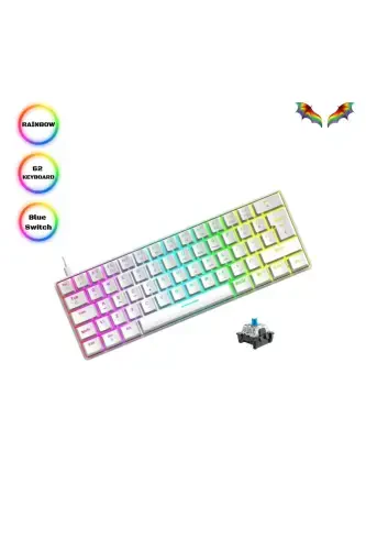 Trol Blue Switch Mini Gaming Keyboard Mechanical 62 Keys 18 Led Usb Type-c Cable White-White - 1