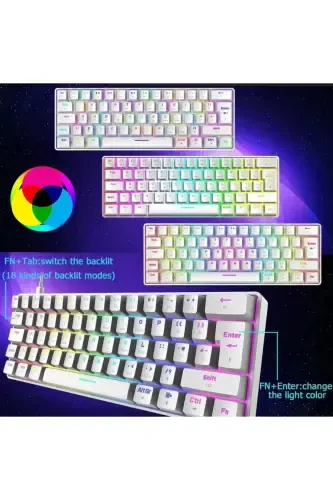 Трол Blue Switch Mini Игровая Механическая Клавиатура Gaming 62 Клавиши 18 Led Usb Tip-c Кабель Белый-Белый - 5