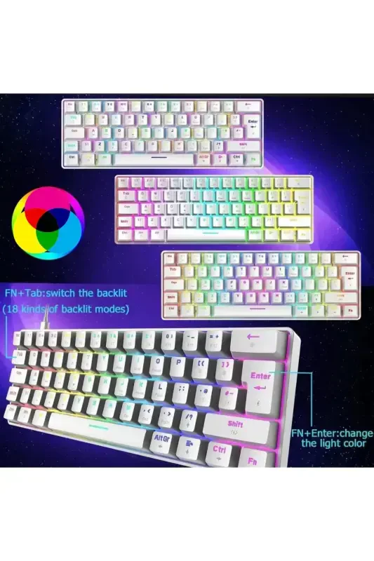 Трол Blue Switch Mini Игровая Механическая Клавиатура Gaming 62 Клавиши 18 Led Usb Tip-c Кабель Белый-Белый - 5