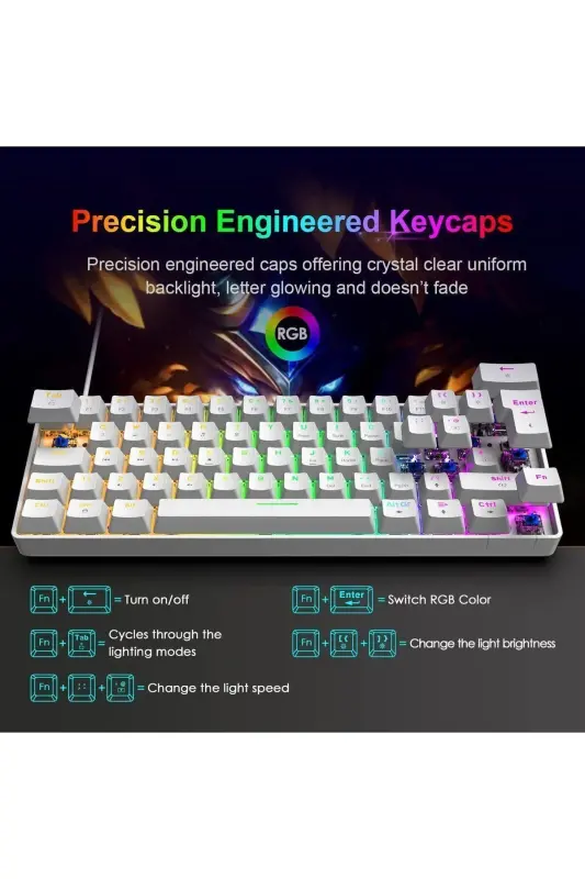 Trol Blue Switch Mini Rgb O'yin Klaviasi Gaming Mexanik 62 Tugmali 18 Rgb Led Usb Tip-c Kabeli Oq - Oq - 7