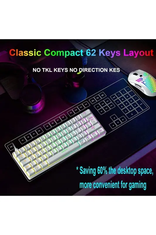 Trol Blue Switch Mini Rgb Oyun Klavyesi Gaming Mekanik 62 Tuşlu 18 Rgb Led Usb Tip-c Kablosu Beyaz - Beyaz - 6