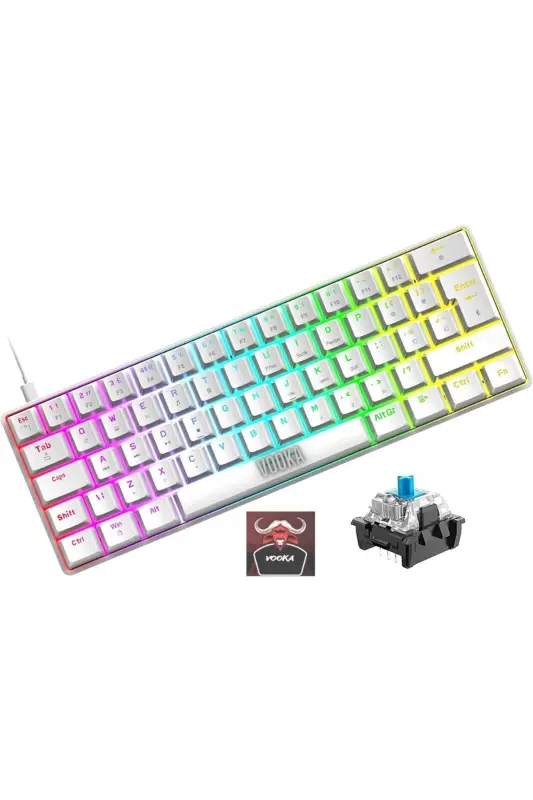 Trol Blue Switch Mini Rgb Oyun Klavyesi Gaming Mekanik 62 Tuşlu 18 Rgb Led Usb Tip-c Kablosu Beyaz-Beyaz - VOOKA