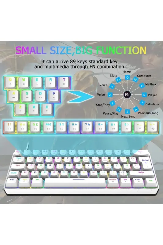 Trol Blue Switch Mini Rgb Oyun Klavyesi Gaming Mekanik 62 Tuşlu 18 Rgb Led Usb Tip-c Kablosu Beyaz-Beyaz - 3