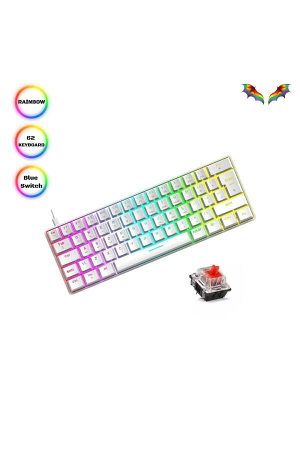 Trol Red Switch Mini Gaming Keyboard Mechanical 62 Keys 18 Led Usb Type-c Cable White - 8