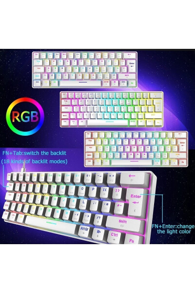 Trol Red Switch Mini RGB Gaming Keyboard Mechanical 62 Keys 18 RGB LEDs USB Type-C Cable White - 11