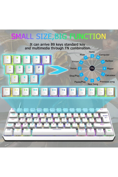 Trol Red Switch Mini RGB Gaming Keyboard Mechanical 62 Keys 18 RGB LEDs USB Type-C Cable White - 17