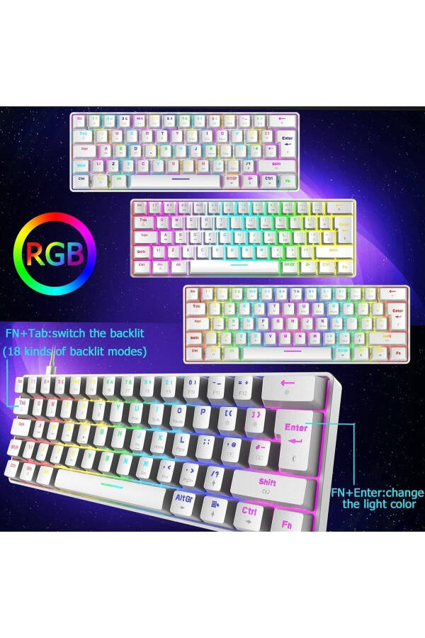 Trol Red Switch Mini RGB Gaming Keyboard Mechanical 62 Keys 18 RGB LEDs USB Type-C Cable White - 18