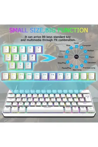 Trol Red Switch Mini Rgb Oyun Klavyesi Gaming Mekanik 62 Tuşlu 18 Led Usb Type-c Kablosu Beyaz LCD - Beyaz - 3