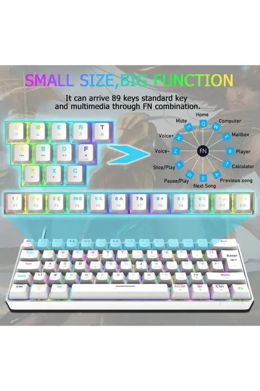 Trol Red Switch Mini Rgb Oyun Klavyesi Gaming Mekanik 62 Tuşlu 18 Led Usb Type-c Kablosu Beyaz LCD - Beyaz - 3