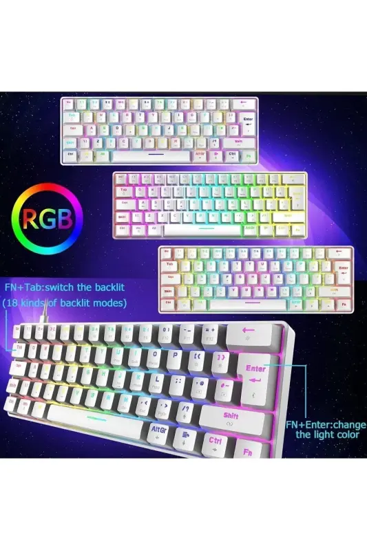 Trol Red Switch Mini Rgb Oyun Klavyesi Gaming Mekanik 62 Tuşlu 18 Led Usb Type-c Kablosu Beyaz LCD - Beyaz - 4