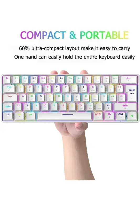 Trol Red Switch Mini Rgb Oyun Klavyesi Gaming Mekanik 62 Tuşlu 18 Led Usb Type-c Kablosu Beyaz LCD - Beyaz - 5