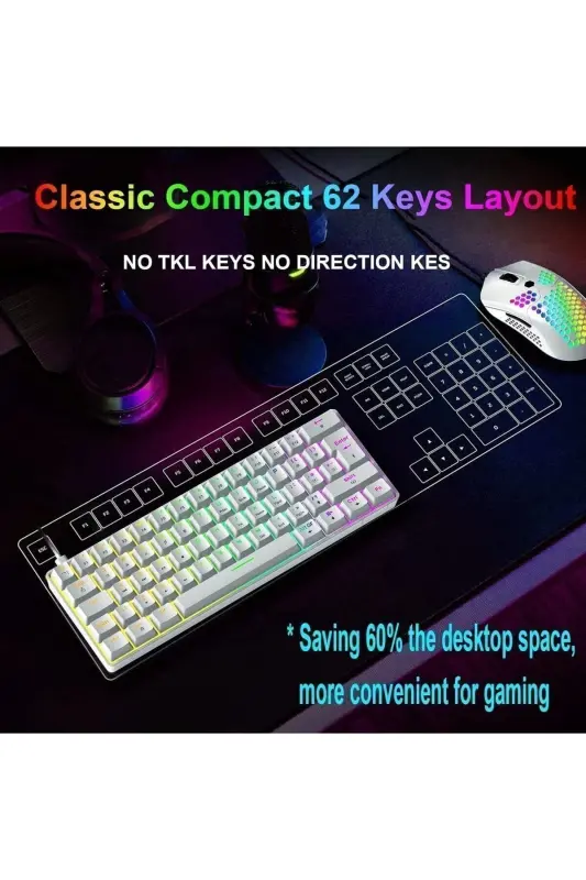 Trol Red Switch Mini Rgb Oyun Klavyesi Gaming Mekanik 62 Tuşlu 18 Led Usb Type-c Kablosu Beyaz LCD - Beyaz - 7