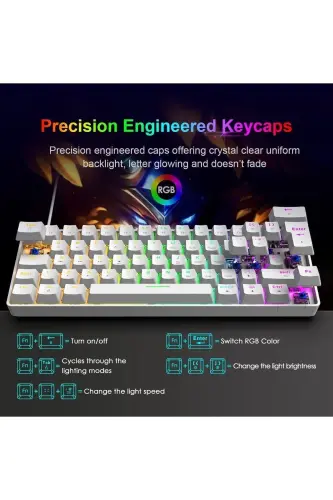 Тролл Синий Свич Мини RGB Игровая Клавиатура Гейминг Механическая 62 Клавиши 18 RGB Светодиодов Кабель USB Type-C Белый - Белый - 7